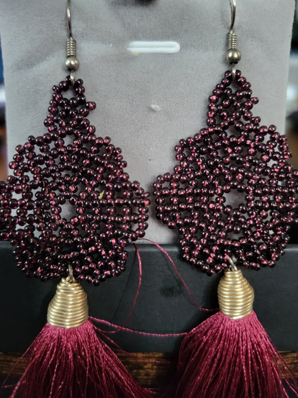 Handcrafted Burgundy Beaded Tassel Earrings - Unbranded - Picture 2 of 2